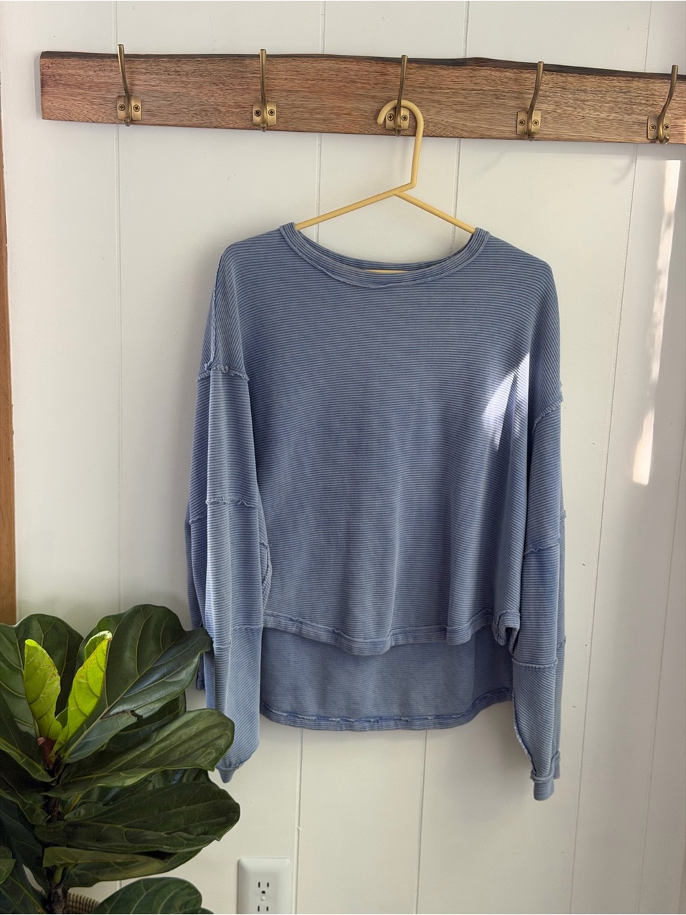 We The Free Washed Blue Ribbed Long Sleeve Top
